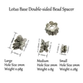 Detailed size comparison of three silver vintage lotus flower spacers for bead DIY - Lotus Base Small