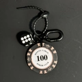 Creative poker chip keychain with black dice and number 100 charm on a black ring - Black White Chip 100 With Black Dice Keychain (CS001-100)