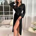 Elegant black satin silk long-sleeved bathrobe with v-neck wrap design and high leg slit - S / Black