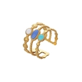 Gold multi-layer beaded open ring with white, dark blue, and light blue oval charms - Gold Beaded Tri-Color Oval (J530-1)