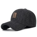 Winter men's thermal knit baseball cap in dark gray marl with ear protection and leather patch - Adjustable / Black Heathered