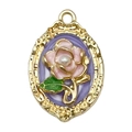 French vintage purple enamel pendant with pink rose and pearl in gold relief frame - Purple Oval Flower-22096