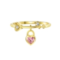 Goldener Tennis-Ring mit rosa Herz-Schloss-Anhänger und weißen Zirkonia-Akzenten - Goldener Herzschloss-Anhänger-Stil (SR311-14K)