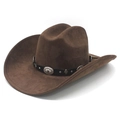 Classic dark brown suede wide brim jazz fedora hat with vintage western metal trim - M(56-58cm) / Brown