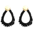 Detail view of water-drop woven beaded earrings with gold metal studs and black finish - Black