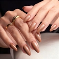 Glossy light brown almond press-on nails with minimalist golden rings on fingers - Light Brown (Includes Jelly Glue + File)