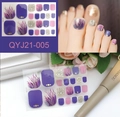 Detailed set of purple and gold glitter toe nail stickers with floral patterns - QYJ21-005 (Purple/Pink/Feather Pattern/Gold Glitter)