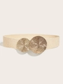 Close-up of beige woven elastic belt with golden double disc buckle for dresses - Off White