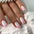 Minimalist square press-on nails in creamy white with neon pink French tip design - Creamy White Pink Arch Style (JP2815)