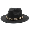 Chapeau de paille fedora noir classique avec une chaîne en métal doré pour l'extérieur - M (56-58cm) / Noir