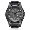 Mens multi-function quartz chronograph watch with dark grey metal case and black leather strap - Gray Strap/Gray Dial (Decorative Sub-dials)