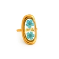 Adjustable golden stainless steel ring featuring real blue dried flowers in an oval resin - Adjustable Open / Blue and White Dried Flower Style (R1103)