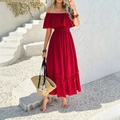 Abito lungo rosso con spalle scoperte, volant e pizzo per vacanze estive al mare - S / Rosso