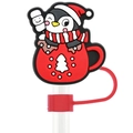 Reusable 10mm silicone straw cover featuring a festive Christmas penguin and red cup - 09-Penguin Cup B