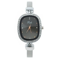 Elegant women's silver mesh watch with an oval black dial and rhinestone bezel - Black