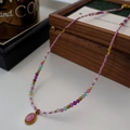 Handmade beaded necklace with natural tiger eye, pink quartz pendant, and gold accents - Amethyst Necklace XL0496