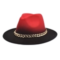 Close-up of red and black gradient wool jazz hat with a thick gold chain decoration - M (56-58cm) / Red + Black