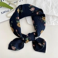 Navy blue floral cotton linen scarf tied in a bow with vintage small flower pattern - Hydrangea Navy Blue