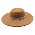Detail view of the ethnic geometric patterned band on a camel wool wide-brim fedora hat - M (56-58cm) / Khaki