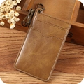 Vintage brown leather card holder with three card slots and bronze metal hook - Khaki