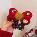 Fiocco per capelli natalizio in feltro rosso con ciondoli festivi ed elastico scozzese - Fiocco Rosso Pompon Giallo