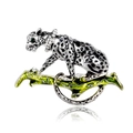 Vintage leopard brooch in silver alloy with black enamel spots on a green branch - Silver Cheetah (C167-A) / Silver