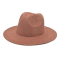 Detailed weave of a reddish-brown straw fedora hat for summer sun protection - Dusty Pink