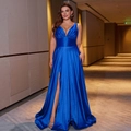 Elegant royal blue satin evening gown with deep V-neck and high slit for formal parties - 3XL / Blue