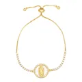 Detail of adjustable gold bolo bracelet with Virgin Mary pendant and zircon stones - Guadalupe Virgin (White Shell)