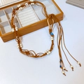 Bohemian brown woven belt with white beads, blue stone and vintage shell tassels - 4# Horseshoe Hook Blue Stone Style (Gold-Coffee)