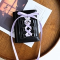 Black PU leather trifold wallet with lavender lace-up ribbon and heart charm detail - Black Balletcore Wallet with Purple Ribbon