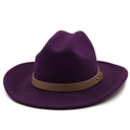 Macro detail of purple wool felt fedora with brown leather band and gold stud accent - M (56-58cm) / Purple