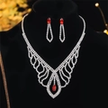 Luxury silver bridal jewelry set with red teardrop gemstones and cubic zirconia necklace - DTN14027334R-Silver Red Stone Mesh V