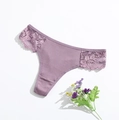 Purple ribbed cotton thong for women with delicate lace stitching and low waist design - S(30) / Purple