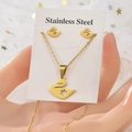 Golden stainless steel swan jewelry set with necklace and earrings on white lace - TT-043 Hollow Swan / Gold