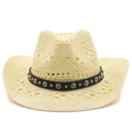 Detail of handwoven straw cowboy hat with turquoise beads and silver studs decoration - M (56-58cm) / Beige