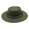 Sombrero elegante de lana verde oliva de ala plana con cinta decorativa tejida - M (56-58cm) / Verde Militar