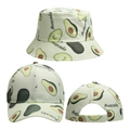 Detail view of avocado print bucket hat and baseball cap with adjustable back strap - Light Green Avocado All-Over Print Set (Style 6) / Baseball Cap + Bucket Hat