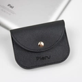 Black lychee leather earbud case with gold snap button and debossed brand logo - Black