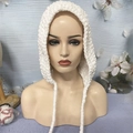 Handmade white knitted rabbit ear balaclava hat with thick yarn tie-up hood - White