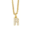 Detailed macro view of gold-plated letter R pendant necklace with sparkling zircons - Letter R / Gold