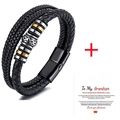 Men's multi-layer braided leather bracelet with magnetic clasp and gift card for grandson - Silver Beads/With Grandson Card