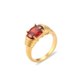 Macro detail of 18K gold plated stainless steel ring with oval red gemstone inlay - US 6 / Red Zirconia