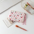 Detail of floral quilted makeup bag with pink zipper pull on white desktop background - Red Small Flowers