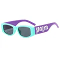 Retro mint green and purple two-tone kids sunglasses with palm lettering on the side - Green Frame Purple Legs Grey Lens