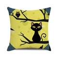 Halloween black cat and moon illustration on linen throw pillow cover case - Owl Black Cat Moon