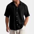 Chemise noire homme à manches courtes en coton avec texture gaufrée respirante - S / Hauts / Noir
