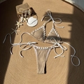 Two-piece khaki ribbed bikini set with white rope ties and eyelets on woven mat - S / Caramel color