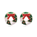 Christmas wreath stud earrings with green leaves and a tiny red crystal center bow - Green Christmas Wreath with Bow