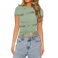 Damen T-Shirt in Grün mit kurzen Ärmeln, eleganten Spitze-Einsätzen und klassischem Rundhals - S / Bohnengrün